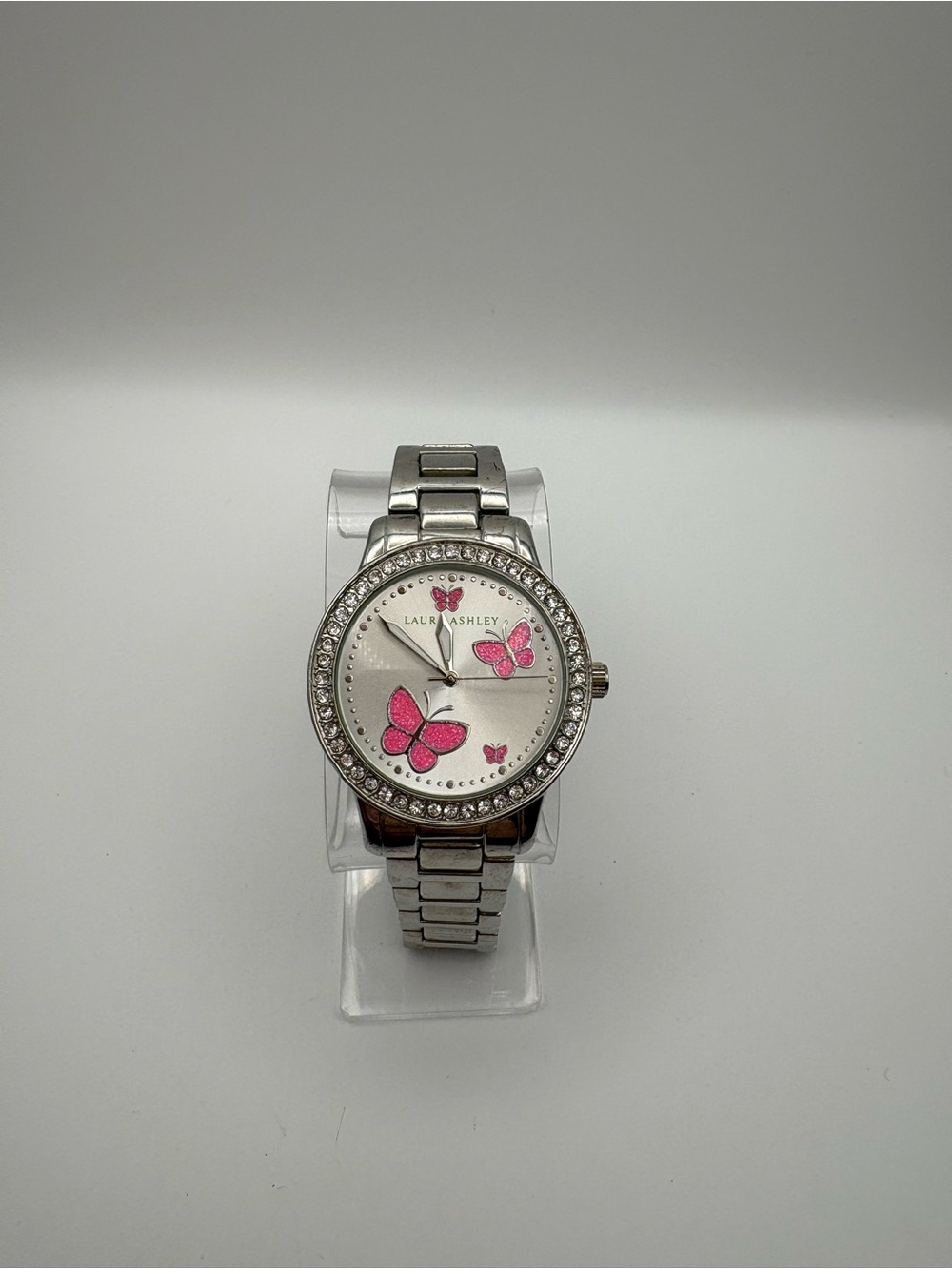 Laura Ashley Silver Watch Pink Butterfly Dial Rhinestone Bezel New Battery